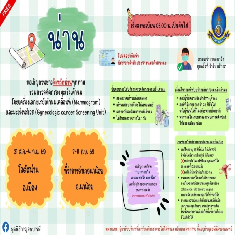 สำนักงานสาธารณสุขอำเภอนาน้อย ขอเชิญชวนชาวอำเภอนาน้อย เข้าร่วมโครงการตรวจคัดกรองมะเร็งเต้านม