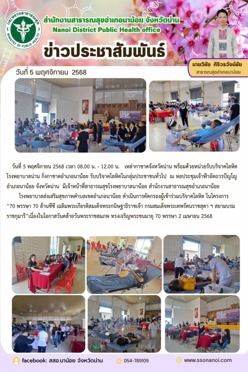 วันที่ 5 พฤศจิกายน 2568 เวลา 08.00 น. - 12.00 น.   เหล่ากาชาดจังหวัดน่าน พร้อมด้วยหน่วยรับบริจาคโลหิต โรงพยาบาลน่าน กิ่งกาชาดอำเภอนาน้อย รับบริจาคโลหิตในกลุ่มประชาชนทั่วไป  ณ หอประชุมเจ้าฟ้าอัตถวรปัญโญอำเภอนาน้อย จังหวัดน่าน  มีเจ้าหน้าที่สาธารณสุขโร