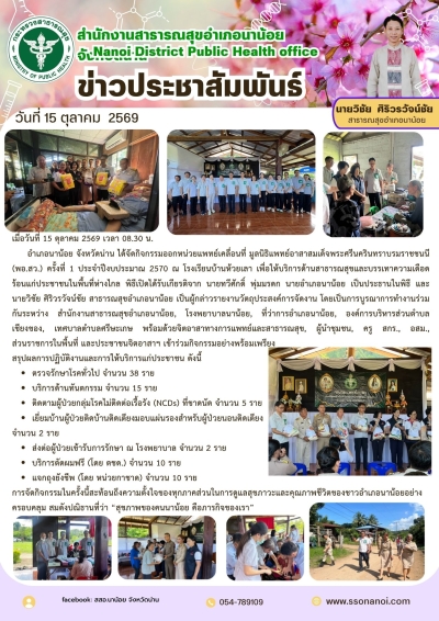 วันที่ 15 ตุลาคม 2569 เวลา 08.30 น. อำเภอนาน้อย จังหวัดน่าน ได้จัดกิจกรรมออกหน่วยแพทย์เคลื่อนที่ มูลนิธิแพทย์อาสาสมเด็จพระศรีนครินทราบรมราชชนนี (พอ.สว.) ครั้งที่ 1 ประจำปีงบประมาณ 2570 ณ โรงเรียนบ้านห้วยเลา เพื่อให้บริการด้านสาธารณสุขและบรรเทาค