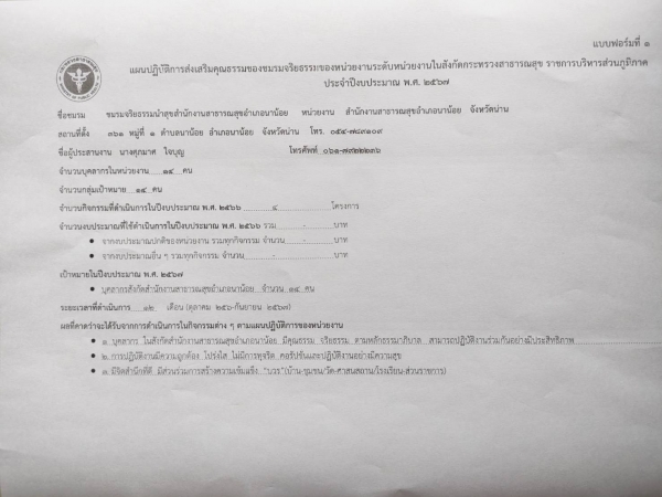 แผนปฏิบัติการส่งเสริมคุณธรรมของชมรมจริยธรรมฯ ปีงบประมาณ 2567