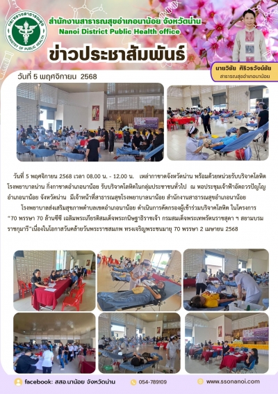 วันที่ 5 พฤศจิกายน 2568 เวลา 08.00 น. - 12.00 น.   เหล่ากาชาดจังหวัดน่าน พร้อมด้วยหน่วยรับบริจาคโลหิต โรงพยาบาลน่าน กิ่งกาชาดอำเภอนาน้อย รับบริจาคโลหิตในกลุ่มประชาชนทั่วไป  ณ หอประชุมเจ้าฟ้าอัตถวรปัญโญอำเภอนาน้อย จังหวัดน่าน  มีเจ้าหน้าที่สาธารณสุขโร